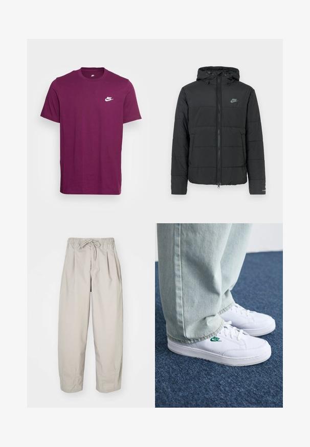 Casaco puffer preto com capuz, apresentando fecho éclair frontal, padrão de matelassé horizontal e um pequeno logótipo no lado superior esquerdo.; Nike Sportswear CLUB TEE - T-shirt básica - sangria; Calças leves, bege, com cintura elástica e cordão. Apresenta pregas e um corte largo, confeccionadas em tecido suave e liso.; Tênis de couro brancos com logo verde da Nike, bico redondo, sola plana, combinados com calças de denim azul claro, exibidos sobre um tapete azul.