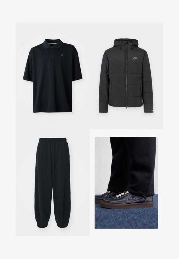 Juodas pūkinis džemperis su gaubtu, su užtrauktuku priekyje, horizontaliu siuvinėjimu ir mažu logotipu kairėje viršutinėje pusėje.; Juodas polo marškinėliai, pagaminti iš glotnaus audinio, su apykakle, trumpomis rankovėmis ir mažu pilku Jordan logotipu išsiuvinėtu ant kairės krūtinės.; Juodi, su elastiniu juosmeniu sportiniai kelnės su laisvu siluetu, suapvalintais kulkšnimis, lygia tekstūra ir be matomų raštų ar metalinių akcentų.; Nike Sportswear KILLSHOT 2 LTR PRM OPP2 - Sportbačiai - black sail baroque brown mtlc dk grey