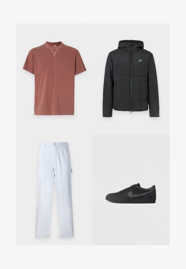 Juodas pūkinis džemperis su gaubtu, su užtrauktuku priekyje, horizontaliu siuvinėjimu ir mažu logotipu kairėje viršutinėje pusėje.; Trumpas rankovėmis T-shirt dulkių rožinės spalvos, pagamintas iš minkštos medvilnės, su apvali iškirpte ir subtiliu logotipu ant krūtinės.; Šviesiai mėlyni dryžuoti kelnių pagaminti iš medvilnės. Tiesaus kirpimo dizainas su priekinio mygtuko uždarymu ir šoninėmis kišenėmis. Minkšta tekstūra.; Juodi suediniai sportbačiai su žemu profiliu, guminiu padu, tekstūruotomis šoninėmis dalimis ir toniniu Nike swoosh logo. Su raišteliais priekyje, paminkštintu apykakle.