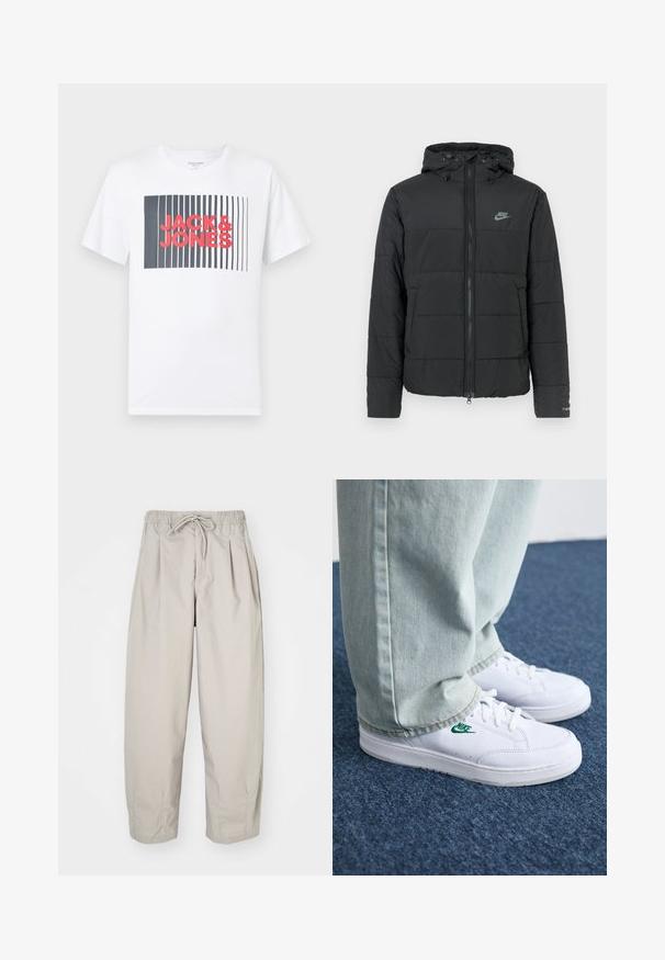 Black puffer jacket with a hood, featuring a zip front, horizontal quilted pattern, and a small logo on the upper left side.; White cotton t-shirt featuring a rectangular graphic with vertical black lines and pink "JACK&JONES" text in the center. Short sleeves.; Beige, lightweight trousers with an elastic waistband and drawstring. Features pleats and a loose fit, crafted from soft, smooth fabric.; White leather sneakers with green Nike logo, round toe, flat sole, paired with light blue denim pants, shown on a blue carpet.