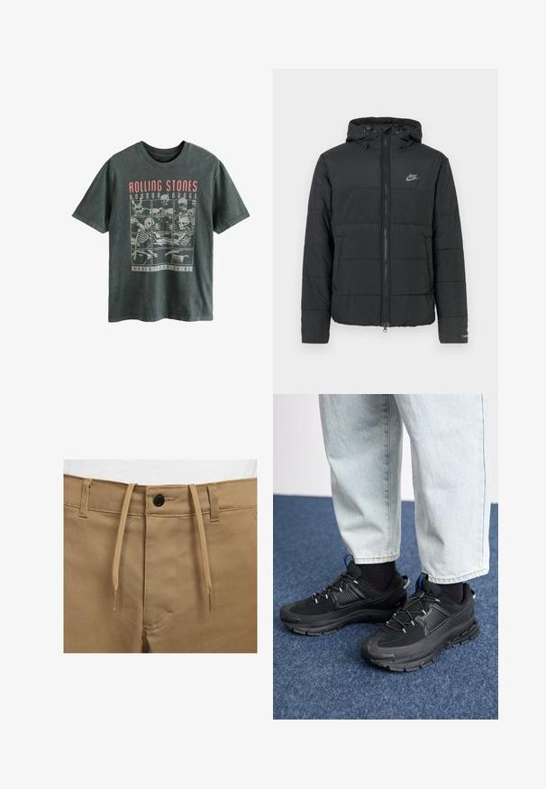 Zwarte pufferjas met capuchon, voorzien van een rits aan de voorkant, een horizontaal gestikt patroon en een klein logo op de bovenste linkerkant.; Next LICENSE REGULAR - T-shirt print - grey rolling stones; Nike Sportswear M NL EL - Broek - dark driftwood white; Zwarte sportschoenen met gestructureerde stof en rubberen zolen, met elastische veters en een blauwe accent op de hiel. Draag samen met lichte spijkerbroeken.