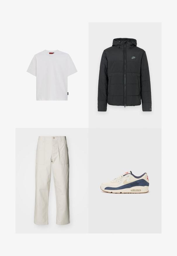 Svart pufferjakke med hette, med glidelås foran, horisontalt quiltet mønster og en liten logo på øvre venstre side.; Hvit bomulls T-skjorte med korte ermer, rund hals og en liten svart logo merkelapp på venstre sidesøm. Smyk tekstur, klassisk passform.; Lyse beige vide bukser laget av bomull. Har frontlommer og knappelukking. Jevn tekstur med subtile vertikale linjer.; Sko med overdel i kremfarget lær og marineblå semsket skinn, med synlig luftsåle, beige gummisåle og rød detalj på hælen.