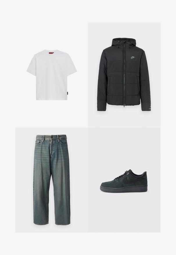 Jachetă puffer neagră cu glugă, având fermoar pe față, model cusut orizontal și un mic logo în partea stângă sus.; Tricou alb din bumbac, cu mâneci scurte, gât rotund și o etichetă mică de logo neagră pe cusătura stângă. Textură netedă, potrivire clasică.; Jeans din denim bleu deschis, cu o croială lejeră, talie medie și picioare drepte. Au cinci buzunare, bucle pentru curea și închidere cu nasture.; Sneakers Nike Air Force 1 din suede verde închis cu accente negre, partea superioară texturată, vârf rotund și talpă din cauciuc. Prezintă un sistem de închidere cu șireturi.