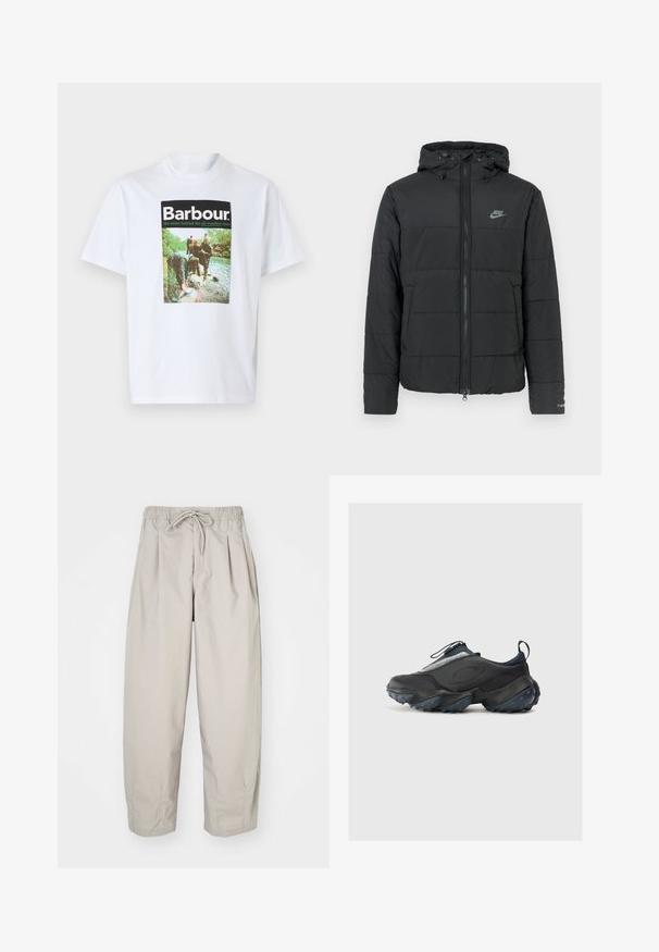 Jachetă puffer neagră cu glugă, având fermoar pe față, model cusut orizontal și un mic logo în partea stângă sus.; Tricou alb din bumbac, cu un print grafic colorat care include cuvântul "Barbour" și o scenă în aer liber care înfățișează oameni lângă un râu.; Pantaloni bej, ușori, cu talie elastică și șnur. Prezintă pliseuri și o croială lejeră, realizată dintr-un material moale și neted.; Pantofi sport negri cu un design elegant, având o parte superioară texturată, accente gri și o talpă masivă cu nodule de tracțiune albastre.