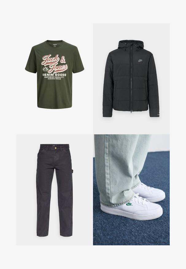 Fekete pufi dzseki kapucnival, elöl cipzárral, vízszintesen steppelt mintával és egy kis logóval a bal felső oldalon.; Zöld pamut póló rövid ujjakkal, kerek nyakkivágással, amelyen nagy fehér és rózsaszín felirat olvasható: "Jack & Jones Denim Goods" és logó.; Sötétszürke cargo nadrág tartós anyagból, egyenes szárú fazonnal, öt zsebbel és gombos derékzárral.; Fehér bőr sportcipők zöld Nike logóval, kerek orral, lapos talppal, világoskék farmernadrággal párosítva, kék szőnyegen bemutatva.