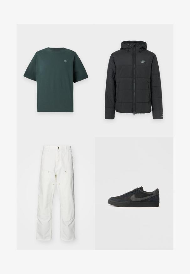 Jachetă puffer neagră cu glugă, având fermoar pe față, model cusut orizontal și un mic logo în partea stângă sus.; Tricou din bumbac de culoare verde închis, cu mâneci scurte, guler rotund și un mic logo de culoare albastră deschisă pe partea stângă a pieptului. Textură netedă, croi lejer.; Pantaloni cargo din bumbac alb, cu o croială lejeră. Caracteristicile includ buzunare frontale, accesorii din metal aurit și secțiuni întărite la genunchi.; Sneakers negre din suede cu profil joasă, talpă din cauciuc, panouri laterale texturate și logo Nike swoosh în ton. Se încheie cu șireturi, guler căptușit.