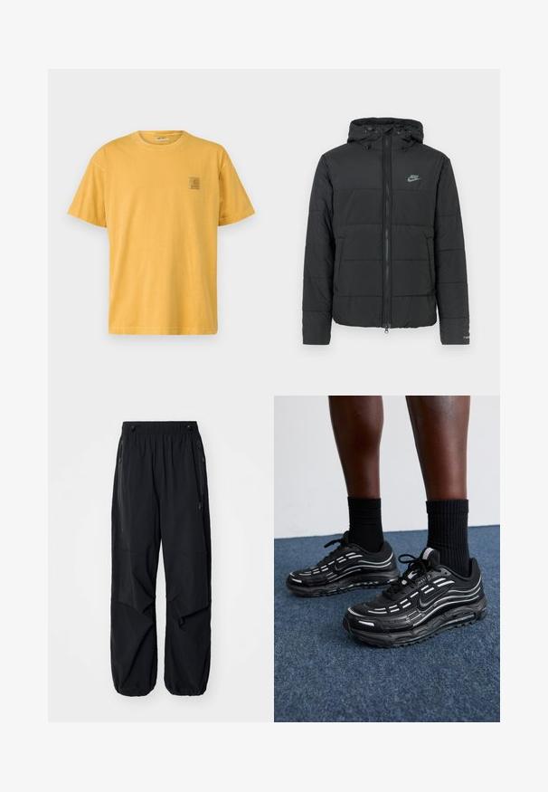 Sort pufferjakke med hætte, med lynlås foran, horisontalt quiltet mønster og et lille logo på den øverste venstre side.; Kortærmet, rundhalset t-shirt i sennepsgul stof. Har et lille, firkantet logo-patch på venstre bryst. Blød bomuldsstruktur.; Sorte letvægts cargo bukser med elastisk talje, sidelommer med lynlås og rummelige lommer. Har en løs pasform og tapered cuffs.; Sorte Nike sko har et mesh-overdel med accentstriber, tekstureret snørering og en sort gummisål. Båret med sorte ribbede sokker.