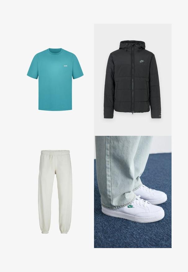 Svart puffjacka med huva, med dragkedja framtill, horisontellt quiltat mönster och en liten logotyp på övre vänstra sidan.; Turkos bomull t-shirt med korta ärmar, rundad hals och en liten vit logotyp-brosch på vänster bröst. Slät textur, rak passform.; Vita sweatpants gjorda av mjukt tyg, med elastisk midja och muddar, samt en slät textur och lös passform.; Vita lädersneakers med grön Nike-logga, rund tå, platt sula, kombinerade med ljusblå denimbyxor, visade på en blå matta.