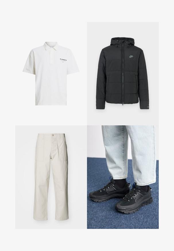 Čierna bunda z nafúknutého materiálu s kapucňou, s predným zipsom, horizontálnym prešívaním a malým logom na hornej ľavej strane.; Biela polo košeľa vyrobená z bavlny s krátkymi rukávmi, gombíkovým golierom a čiernym logom na ľavej strane. Hladká textúra, klasický strih.; Svetlosivé široké nohavice vyrobené z bavlny. Majú predné vrecká a zapínanie na gombík. Hladká textúra so subtílnymi vertikálnymi pruhmi.; Čierne športové topánky s textúrovanou tkaninou a gumovou podrážkou, so elastickými šnúrkami a modrým akcentom na päte. Nosia sa s svetlými riflami.