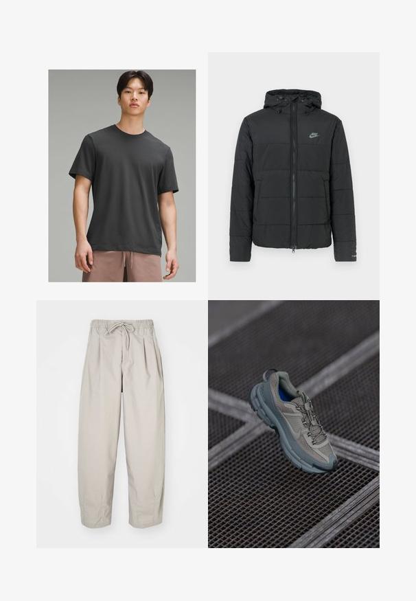 Czarna kurtka puchowa z kapturem, z zamkiem z przodu, poziomym pikowaniem i małym logo po lewej stronie u góry.; Ciemnoszara koszulka z krótkim rękawem o okrągłym dekolcie, wykonana z miękkiego materiału. Charakteryzuje się luźnym krojem i gładką fakturą.; Beżowe, lekkie spodnie z elastycznym pasem i sznurkiem do regulacji. Posiadają pliski i luźny krój, wykonane z miękkiego, gładkiego materiału.; Beżowe i szare buty sportowe z teksturowaną siateczką, okrągłym noskiem i gumową podeszwą, z sznurówkami i wyściełanym kołnierzem.