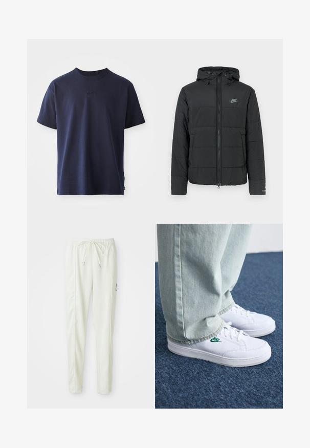 Fekete pufi dzseki kapucnival, elöl cipzárral, vízszintesen steppelt mintával és egy kis logóval a bal felső oldalon.; Sötétkék pamut póló kerek nyakkal, rövid ujjakkal és hímzett logóval a mellkason. Sima textúra, laza szabás.; Fehér, slim fit szabású sportnadrág, elasztikus derékkal és húzózsinórral, oldalsó varrás részletekkel és egy kis fekete folttal a jobb lábon.; Fehér bőr sportcipők zöld Nike logóval, kerek orral, lapos talppal, világoskék farmernadrággal párosítva, kék szőnyegen bemutatva.