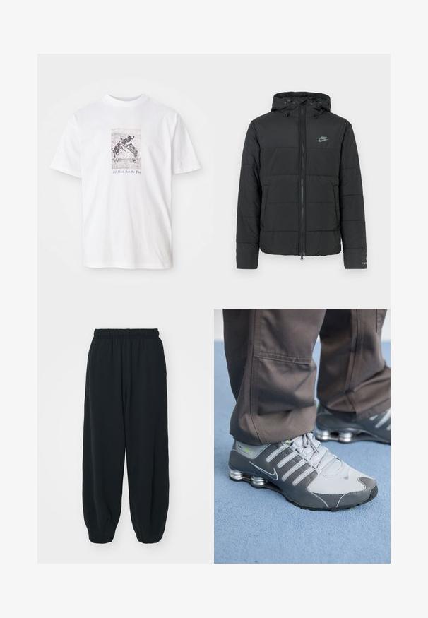 Chaqueta acolchada negra con capucha, que presenta un cierre con cremallera, un patrón de acolchado horizontal y un pequeño logotipo en la parte superior izquierda.; Camiseta blanca de algodón con un gráfico central de perros jugando, con el texto "Todo trabajo y nada de diversión" en azul debajo de la imagen.; Pantalones de chándal negros con cintura elástica, de corte holgado, con puños en los tobillos, textura suave y sin patrones visibles ni acentos metálicos.; Las zapatillas Nike Shox en gris y plata tienen un diseño elegante, con materiales de malla y sintéticos, punta redondeada y un collar acolchado.