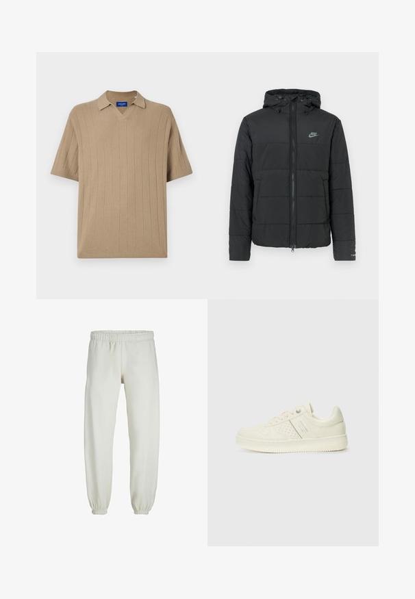 Černá péřová bunda s kapucí, má přední zip, horizontálně prošívaný vzor a malé logo na levé horní straně.; Jack & Jones JORVARENNA SPLIT NECK - Polotričko - silver sage; Bílé tepláky vyrobené z měkkého materiálu, s elastickým pasem a manžetami, s hladkou texturou a volným střihem.; Světlé krémové tenisky s perforovanými detaily, šněrováním a logem na boku, vystavené na jednoduchém bílém pozadí.