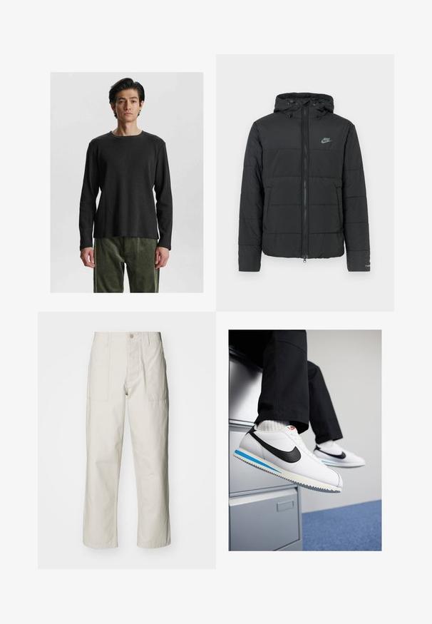 Juodas pūkinis džemperis su gaubtu, su užtrauktuku priekyje, horizontaliu siuvinėjimu ir mažu logotipu kairėje viršutinėje pusėje.; Juodas ilgomis rankovėmis, su banguotu audiniu ir apvalia iškirpte. Išsiskiria tekstūruotu audiniu ir laisvu siluetu, derinamas su alyvuogių žalumos spalvos, minkšto audinio kelnėmis.; Šviesiai pilki plačius kelnes, pagamintas iš medvilnės. Yra priekinės kišenės ir mygtuko uždarymas. Lygus paviršius su subtiliomis vertikaliomis linijomis.; Baltos odinės sportbačiai su juodu Nike logotipu, šviesiai mėlyna ir pilka guma padais bei klasikiniu raištelių dizainu. Kojos remiasi į dokumentų spintą.
