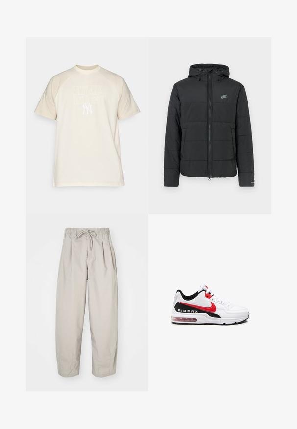 Chaqueta acolchada negra con capucha, que presenta un cierre con cremallera, un patrón de acolchado horizontal y un pequeño logotipo en la parte superior izquierda.; Camiseta de color crema con mangas cortas y un escote redondo, que presenta un estampado y logo en blanco de "NEW YORK YANKEES" en la parte delantera.; Pantalones ligeros color beige con cintura elástica y cordón de ajuste. Presentan pliegues y un corte holgado, elaborados con una tela suave y lisa.; Zapatilla deportiva blanca con detalles en negro y rojo, que presenta un upper de cuero suave, parte frontal con cordones y una amortiguación de aire visible en la suela.