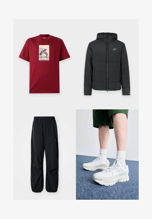 Chaqueta acolchada negra con capucha, que presenta un cierre con cremallera, un patrón de acolchado horizontal y un pequeño logotipo en la parte superior izquierda.; Camiseta de algodón burdeos con un estampado gráfico en blanco y negro de perros juguetones con el texto "Todo Trabajo Y Nada de Diversión" debajo. Mangas cortas.; Pantalones cargo ligeros negros con cinturilla elástica, cremalleras laterales y bolsillos amplios. Presentan un corte holgado y puños ajustados.; Zapatillas deportivas blancas con superposiciones texturizadas, una suela gruesa y acentos grises. Llevadas con calcetines blancos hasta la pantorrilla y pantalones cortos verdes sobre una superficie azul.