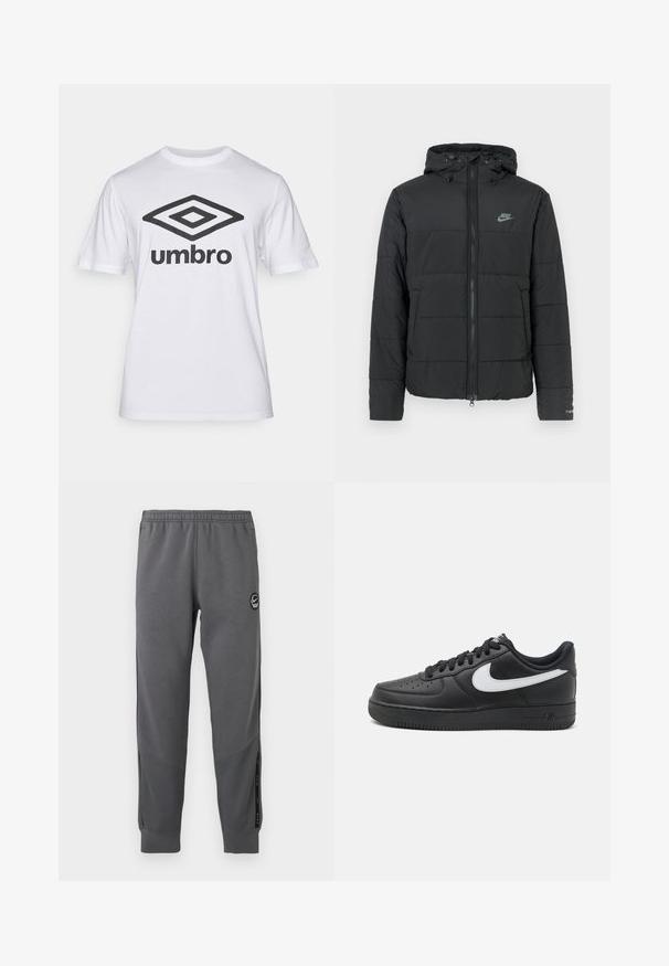 Černá péřová bunda s kapucí, má přední zip, horizontálně prošívaný vzor a malé logo na levé horní straně.; Bílá bavlněná tričko se velkým černým logem "Umbro" a diamantovou grafikou na přední straně. Krátké rukávy, kulatý výstřih, klasický střih.; Šedé tepláky z měkké látky s elastickým pasem, zúženými nohavicemi, bočními panely a kulatou nášivkou s logem.; Černé tenisky Nike Air Force 1 s hladkým koženým svrškem, bílým logem, perforovanou špičkou a texturovanou gumovou podrážkou.
