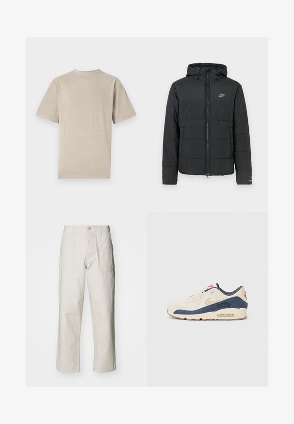 Zwarte pufferjas met capuchon, voorzien van een rits aan de voorkant, een horizontaal gestikt patroon en een klein logo op de bovenste linkerkant.; Korte mouwen t-shirt in licht beige met een ronde hals, gemaakt van zacht materiaal, met een gladde textuur en een eenvoudig ontwerp zonder graphics.; Lichtbeige wijde broek van katoen. Voorzien van steekzakken en een knoopsluiting. Glad textuur met subtiele verticale lijnen.; Sneakers met een crème leren en marineblauwe suède bovenkant, voorzien van een zichtbare luchtzool, beige rubberen buitenzool en een rode accent op de hiel.