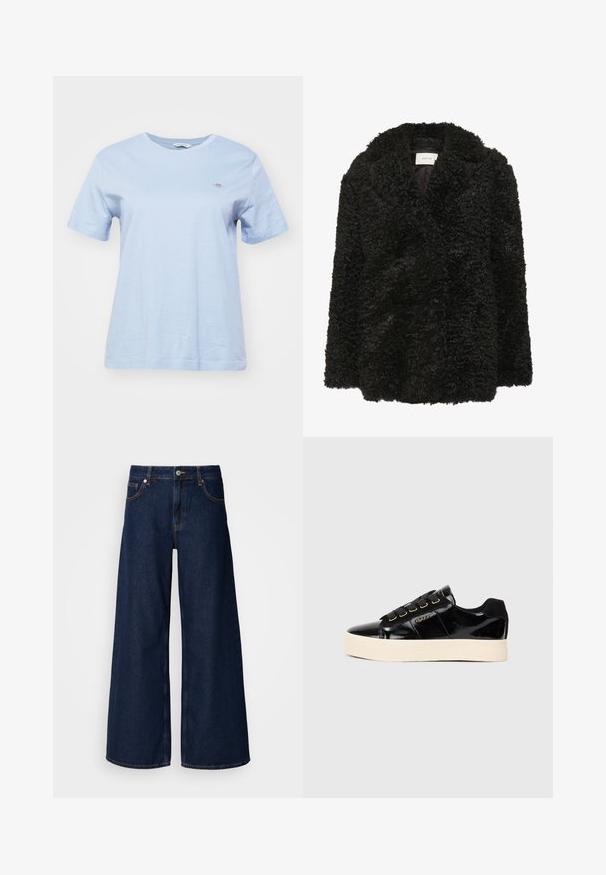 Gestuz SHILLY - Klassisk frakke - black; GANT SHIELD - T-shirts basic - dove blue; Bredde ben mørkeblå denimbukser med høj talje, frontlommer og knaplukning. Har kontrastsyninger og en glat tekstur.; Sorte patentlæder sneakers med flad cremefarvet sål. Har sorte snørebånd, gyldne øjeholdere og logo detalje på siden. Rundt tådesign.