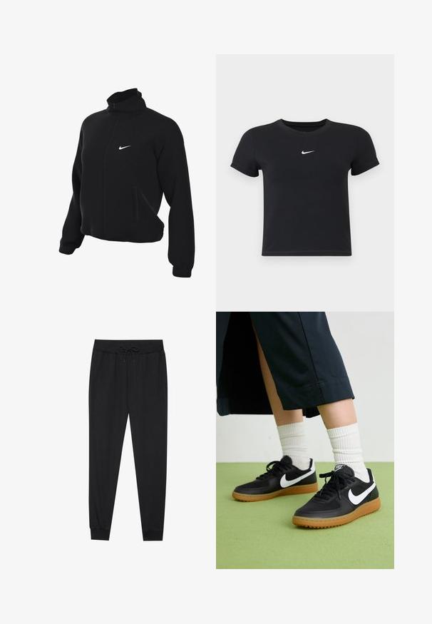 Sort Nike zip-jakke med høj krave, der har en glat tekstur, to sidelommer og et lille hvidt logo på brystet.; Sort kortærmet t-shirt lavet af bomuld med rund hals. Har et hvidt Nike-logo på brystet, minimalistisk design og tætsiddende pasform.; Sorte sweatpants lavet af blødt stof, med elastisk talje og snor, tapered ben og ribbede manchetter ved anklerne.; Sorte læder- og syntetiske sneakers med hvid Nike swoosh, gummisål, rund tå og sorte snørebånd. Ribbede hvide sokker synlige.