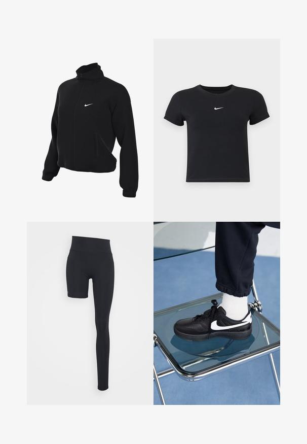 Zwarte Nike zip-up jack met hoge kraag, met een gladde textuur, twee zijzakken en een klein wit logo op de borst.; Zwarte katoenen t-shirt met korte mouwen en ronde hals. Voorzien van een wit Nike-logo op de borst, minimalistisch ontwerp en een aansluitende pasvorm.; Even&Odd active Tights - black/short right leg; Zwarte Nike sneakers met witte accenten, met een gladde leren textuur, vetersluiting en ronde neus, geplaatst op een glazen stoel.
