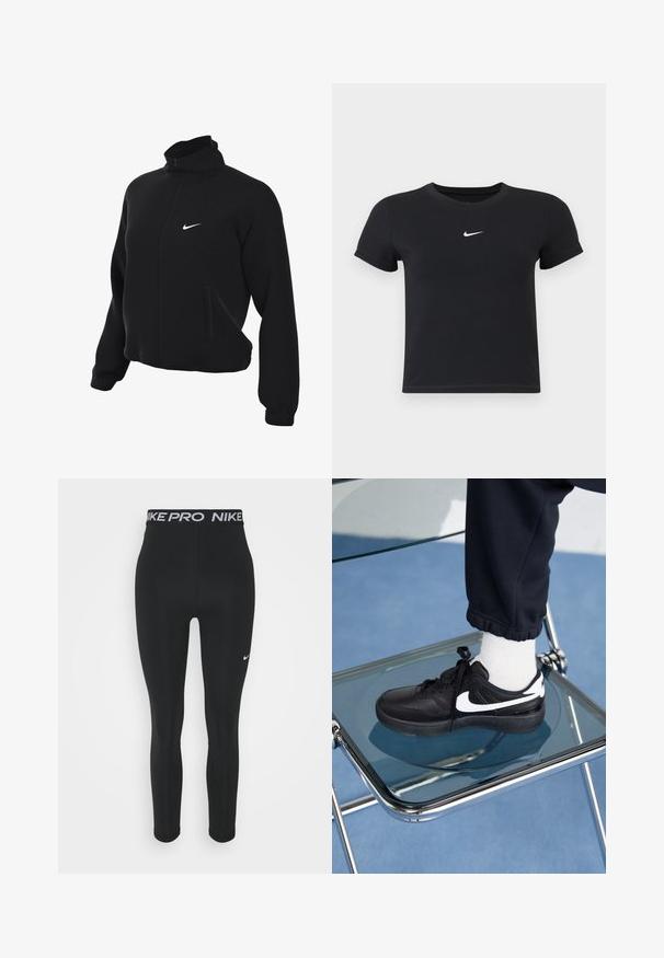 Chaqueta negra con cremallera de Nike con cuello alto, con una textura suave, dos bolsillos laterales y un pequeño logo blanco en el pecho.; Camiseta negra de manga corta hecha de algodón con un cuello redondo. Presenta un logo blanco de Nike en el pecho, diseño minimalista y forma ajustada.; Nike Performance 7/8 - Leggings - black/white; Zapatillas Nike negras con acentos blancos, con una textura de cuero suave, diseño de cordones y punta redondeada, colocadas sobre una silla de cristal.