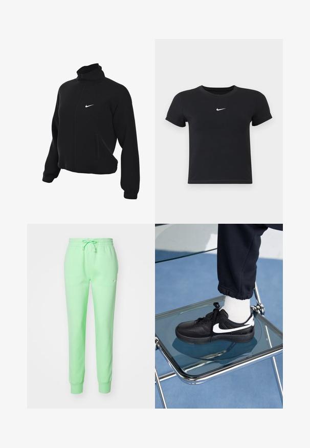 Schwarze Nike Zip-Jacke mit hohem Kragen, die eine glatte Textur aufweist, zwei Seitentaschen und ein kleines weißes Logo auf der Brust hat.; Schwarzes T-Shirt mit kurzen Ärmeln aus Baumwolle und rundem Ausschnitt. Es hat ein weißes Nike-Logo auf der Brust, ein minimalistisches Design und eine taillierte Form.; Helle grüne Nike-Sweatpants mit elastischem Bund, verstellbarem Kordelzug und schmal zulaufenden Bündchen. Glatte Stoffstruktur mit dezentem Logo.; Schwarze Nike-Sneaker mit weißen Akzenten, die über eine glatte Ledertextur, ein Schnürdesign und eine abgerundete Zehenform verfügen, platziert auf einem Glasstuhl.