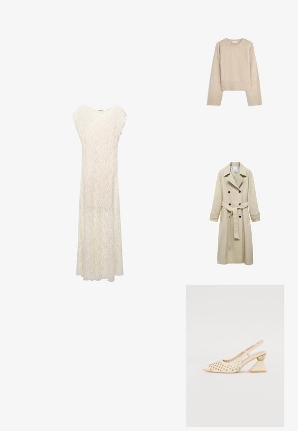 Beige trenchcoat van katoenmix, met een dubbele knoopsluiting, brede revers, een ceintuur in de taille en twee zijzakken.; Beige cropped sweater gemaakt van zacht breimateriaal. Heeft een ronde halslijn, lange mouwen en geribde boorden en onderkant voor extra textuur.; Lange kanten maxi-jurk in off-white met een losse pasvorm, kapmouwen en een bloemenpatroon. De stof is semi-doorzichtig met een vloeiende silhouet.; Beige slingback schoen met geperforeerde bovenkant, puntige neus en een contrasterende driehoekige hak met een gouden accent. Over het algemeen een gladde textuur.