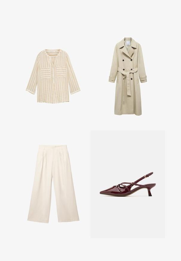 Beżowy płaszcz trench z mieszanki bawełny, z podwójnym zapięciem na guziki, szerokimi klapami, paskiem w talii i dwiema kieszeniami po bokach.; Beżowy, krótkie sweter wykonany z miękkiego materiału dzianinowego. Posiada okrągły dekolt, długie rękawy oraz prążkowane mankiety i dół, co dodaje mu tekstury.; Beżowa bluzka w paski z okrągłym dekoltem, rękawami o długości trzy czwarte, dwiema przednimi kieszeniami i centralnym zapięciem. Wykonana z lekkiego materiału.; Brązowy bezrękawnik z kwadratowym dekoltem, wykonany z miękkiej tkaniny. Posiada zapięcie na zatrzask u dołu oraz dopasowany krój.; Spodnie o szerokich nogawkach w jasnym beżowym kolorze z miękkiej, teksturowanej tkaniny. Posiadają plisowane przody oraz elastyczny pas dla luźnego kroju.; Burgundowe lakierowane buty na obcasie typu slingback z ostro zakończonym noskiem, małym obcasem, dekoracyjnymi detalami na paskach i błyszczącym wykończeniem.