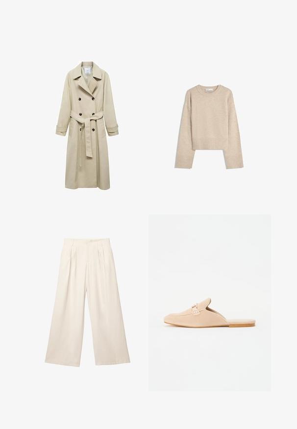 Beżowy płaszcz trench z mieszanki bawełny, z podwójnym zapięciem na guziki, szerokimi klapami, paskiem w talii i dwiema kieszeniami po bokach.; Beżowy, krótkie sweter wykonany z miękkiego materiału dzianinowego. Posiada okrągły dekolt, długie rękawy oraz prążkowane mankiety i dół, co dodaje mu tekstury.; Brązowy bezrękawnik z kwadratowym dekoltem, wykonany z miękkiej tkaniny. Posiada zapięcie na zatrzask u dołu oraz dopasowany krój.; Spodnie o szerokich nogawkach w jasnym beżowym kolorze z miękkiej, teksturowanej tkaniny. Posiadają plisowane przody oraz elastyczny pas dla luźnego kroju.; Beżowe zamszowe mokasyny wsuwane z zamkniętym czubkiem, z ozdobnym detalem w postaci klamry oraz płaską korkową podeszwą. Gładka tekstura i minimalistyczny design.