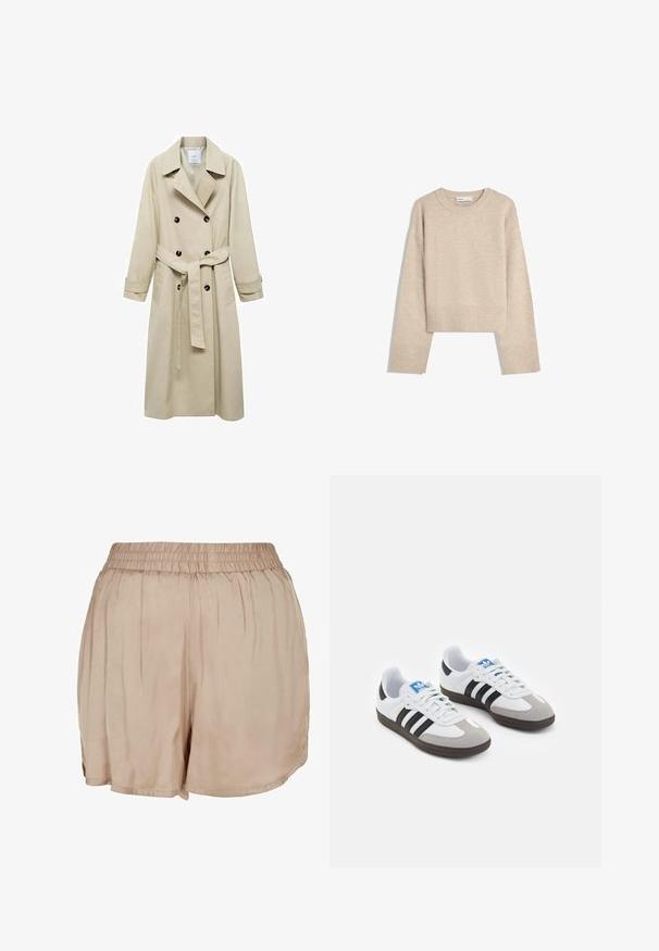 Trench coat beige realizzato in misto cotone, con chiusura a doppio petto con bottoni, ampi rever, vita con cintura e due tasche laterali.; Maglione corto beige realizzato in morbido materiale a maglia. Presenta un colletto rotondo, maniche lunghe e polsini e orlo ribattuti per una maggiore texture.; Body marrone senza maniche con scollatura quadrata, realizzato in tessuto morbido. Presenta una chiusura con snap nella parte inferiore e una silhouette aderente.; Pantaloni corti leggeri color beige in tessuto, con vita elastica e vestibilità ampia, caratterizzati da una texture liscia e un orlo curvo.; Scarpe sportive con tomaia in pelle bianca, punta in suede grigia e tre strisce nere. Presentano un logo blu sulla linguetta e una suola in gomma testurizzata.