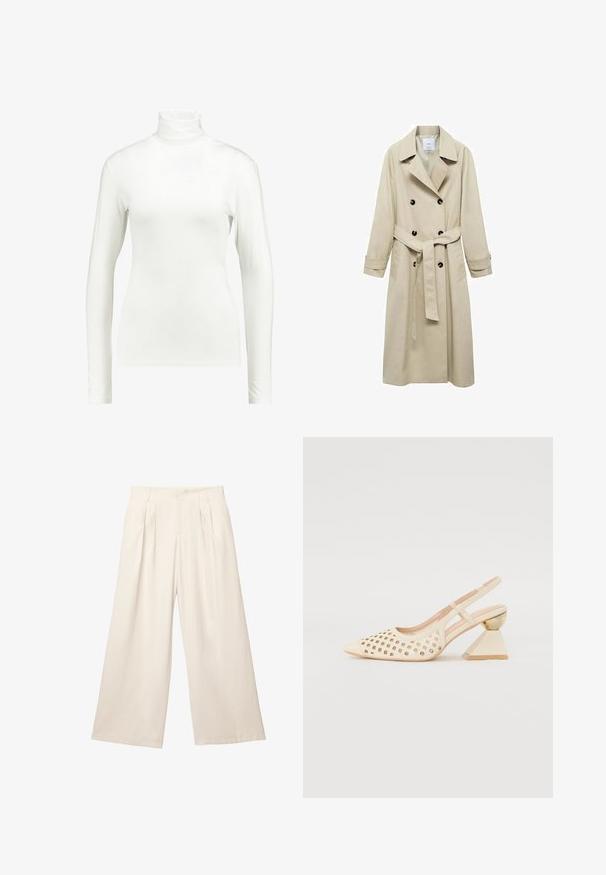 Beige Trenchcoat aus Baumwollmischung mit doppelter Knopfleiste, breiten Revers, tailliertem Gürtel und zwei seitlichen Taschen.; Beige Cropped-Pullover aus weichem Strickmaterial. Er hat einen runden Ausschnitt, lange Ärmel sowie gerippte Bündchen und Saum für zusätzliche Textur.; Kaffe YOKO ROLLNECK LS - Langarmshirt - chalk; Weite Hosen in einem hellbeigen Farbton aus einem weichen, strukturierten Stoff. Mit vorderen Falten und einem elastischen Bund für einen entspannten Sitz.; Beige Slingback-Schuh mit Perforierung im Obermaterial, spitzer Zehenpartie und einem kontrastierenden dreieckigen Absatz mit einem goldenen Akzent. Insgesamt glatte Textur.