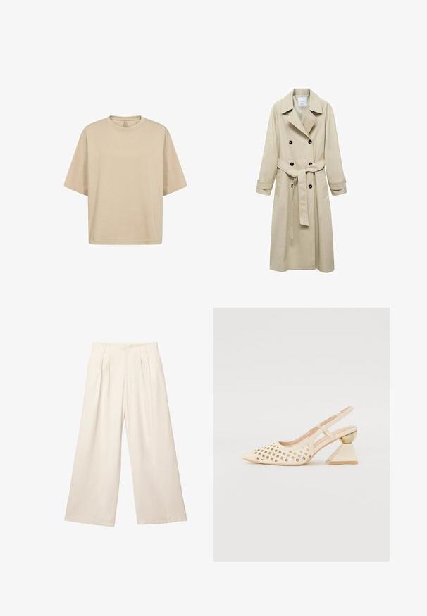 Béžový trenčkot vyrobený z bavlnenej zmesi, s dvojradovým zapínaním na gombíky, širokými klopami, opaskom v páse a dvoma bočnými vreckami.; Béžový skrátený sveter vyrobený z mäkkého pleteného materiálu. Má okrúhly výstrih, dlhé rukávy a rebrované manžety a lem pre dodatočnú textúru.; Béžové oversize tričko z bavlny s krátkymi rukávmi, okrúhlym výstrihom a hladkou textúrou. Žiadne viditeľné logá alebo vzory.; Bledé béžové nohavice s širokými nohavicami vyrobené z mäkkej textúrovanej látky. Majú predné záhyby a elastický pás pre uvoľnený strih.; Béžová sandálová obuv na podpätku s perforovaným zvrškom, špicatou špičkou a kontrastným trojuholníkovým podpätkom s zlatým akcentom. Hladká textúra celkovo.