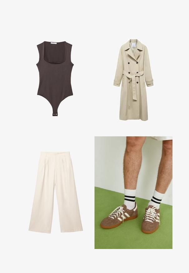 Beige trenchcoat lavet af bomuldsblanding, med dobbeltknaplukning, brede klapper, bæltestrop i taljen og to sidelommer.; Beige cropped sweater lavet af blød strik. Har rund halsudskæring, lange ærmer samt ribbede manchetter og kant for ekstra tekstur.; Brun ærmeløs bodysuit med firkantet hals, lavet af blødt stof. Har en snap-lukning i bunden og en tætsiddende silhuet.; Løse bukser i en lys beige farve med et blødt, tekstureret stof. Har fremadskuende folder og en elastisk talje for en afslappet pasform.; Brune ruskind sneakers med hvide detaljer og snørebånd. Gummisål i naturgummi. Båret med hvide sokker med sorte striber. Grøn struktureret gulv.