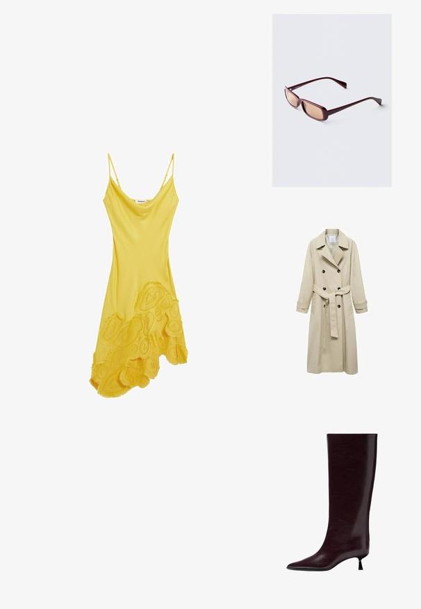 Beige trenchcoat i bomullsblandning, med dubbelknappade stängning, breda slag, bälte i midjan och två sidofickor.; Ljusgrå tubhalsad tröja i mjukt, texturerat tyg. Har ribbade ärmslut och nederkant, med en avslappnad passform och minimalistisk design.; Gul ärmlös klänning med en flödande design, har strukturerad blommig applikation vid fållen, tillverkad av slätt tyg.; Knähöga bourgogne läderstövel med en slät, texturerad yta, spetsig tå och en tunn, staplad klack för extra höjd.; Burgundy solglasögon med rektangulära bågar, gradientlinser och slanka armar. Materialet har en slät, glansig yta.