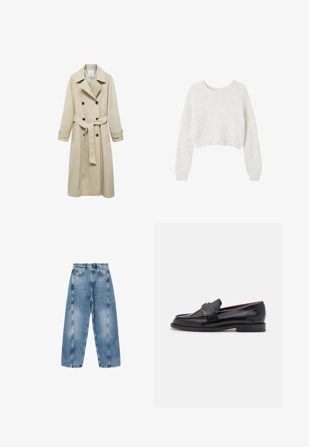 Beige trenchcoat lavet af bomuldsblanding, med dobbeltknaplukning, brede klapper, bæltestrop i taljen og to sidelommer.; Grå cropped sweater lavet af blødt, fuzzy materiale. Har lange ærmer og en rund halsudskæring med en glat, let tekstur.; Hvid kortærmet T-shirt lavet af blød bomuld, med rund halsudskæring og en afslappet pasform med omfoldede kantdetaljer. Ingen mønstre eller accenter.; Lysblå denim jeans har en afslappet pasform, store lommer og kontrasterende syninger. Stoffet har en falmet finish med en glat overflade.; Sorte læder loafers med et stitched-mønster, glat tekstur, guldspænde detalje og en rund tå, sat på en lav sort sål.