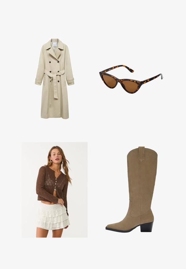 Beige trenčkot vyrobený z bavlněné směsi, s dvouvrstvým zapínáním na knoflíky, širokými klopami, páskem v pase a dvěma bočními kapsami.; Hnědý nadměrný svetr s žebrovaným lemem, širokými rukávy a kulatým výstřihem. Měkká textura, minimalistický design bez vzorů.; Krémová dlouhá blůza s peplum lemem, texturovaným květinovým vzorem a mašlí v dekoltu. Rukávy s tvarováním do zvonu a mašlí.; Hnědý cardigan s otevřeným pletením a geometrickým vzorem, s hlubokým V-výstřihem a šesti knoflíkovými zapínáními. V kombinaci s bílou, vrstvenou krajkovou sukní.; Kozačky z hladké světlé semišové kůže do výšky kolen s špičatou špičkou, nasazeným podpatkem a prošíváním po stranách. Hladká textura a strukturovaný design.; Sluneční brýle ve stylu kočičích očí s černo-oranžovým želvovinovým rámem, hnědými skly a elegantními, špičatými konci. Obsahují minimalistické logo na straně.