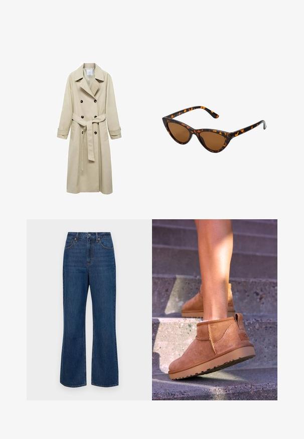 Beige trenchcoat lavet af bomuldsblanding, med dobbeltknaplukning, brede klapper, bæltestrop i taljen og to sidelommer.; Brun oversized sweater med ribbet kant, brede ærmer og rund hals. Blød tekstur, minimalistisk design uden mønstre.; Cremefarvet langærmet bluse med peplumkant, struktureret blomsterdesign og bånddetalje ved halsudskæringen. Klokkede ærmer med bånd.; Blå denim jeans med høj talje, brede ben og orange sytråd. Har klassisk fem-lomme design og metal knaplukning.; Tan ruskind ankelstøvler med en blød tekstur, stikninger og en gummisål, der har en løkkehælkappe for nem på- og aftagning.; Kat-ejede solbriller med en sort og orange skildpaddemønstret stel, brune linser og slanke, spidse ender. Har et minimalistisk logo på skabelsen.