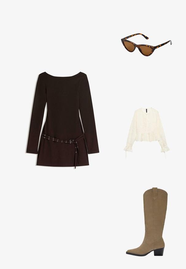 Manteau trench beige en mélange de coton, avec fermeture à boutons croisés, grands revers, taille ceinturée et deux poches latérales.; Pull marron oversized avec un ourlet côtelé, des manches larges et un col rond. Texture douce, design minimaliste sans motifs.; Blouse à manches longues couleur crème avec un bas en peplum, motif floral texturé et détail à nouer au niveau du cou. Manches évasées avec lanières.; Robe noire à manches longues avec un large décolleté, dotée d'une taille ceinturée avec des œillets en métal et d'une texture de tissu lisse.; Bottes en suède beige jusqu'aux genoux avec un bout pointu, un talon empilé et des détails de couture le long des côtés. Texture lisse et design structuré.; Lunettes de soleil style œil de chat avec une monture en écaille de tortue noire et orange, verres marron et pointes effilées et élégantes. Présente un logo minimaliste sur la branche.; Le sac à main en or arbore un tissu texturé avec des clous métalliques ronds, une plaque logo triangulaire et une bandoulière en chaîne avec des œillets en métal ronds.