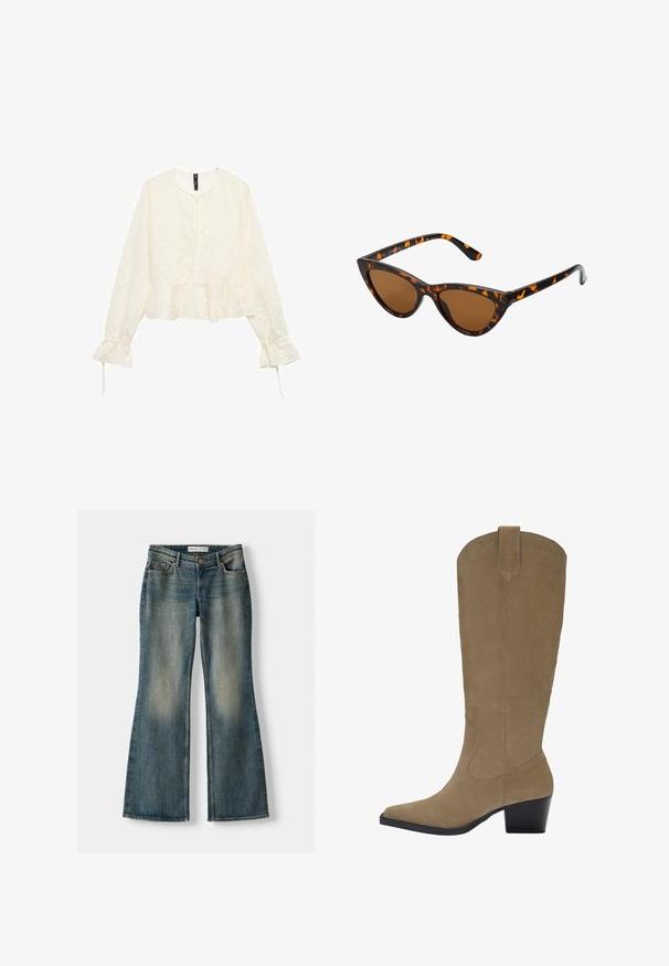 Beige trenchcoat i bomullsblandning, med dubbelknappade stängning, breda slag, bälte i midjan och två sidofickor.; Brun oversize-tröja med ribbat nederkant, vida ärmar och rund hals. Mjuk textur, minimalistisk design utan mönster.; Krämfärgad långärmad blus med peplumslut, strukturerad blommönster och knytdetalj vid halsen. Klockformade ärmslut med knyt.; Blå utsvängda jeans med en blekt tvätt, fem fickor och knappstängning. Materialet visar en denimstruktur med subtila sömdetaljer.; Knähöga tanfärgade mockastövlar med spetsig tå, staplad klack och sömdekoration längs sidorna. Slät struktur och väldefinierad design.; Kattögon-solglasögon med en ram i svart och orange sköldpaddsmönster, bruna linser och smala, spetsiga tips. Har en minimalistisk logotyp på bågen.; Brun läderhandväska med dubbla handtag, justerbar spänndetalj framtill och avtagbar axelrem mot vit bakgrund.