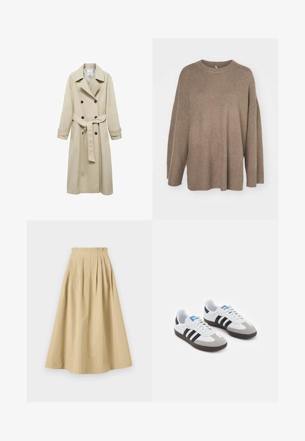 Bež trench plašč iz mešanice bombaža, s podvojeno zaponko, širokimi ovratniki, pasom z obljubo in dvema stranskima žepoma.; Rjav oversize pulover z rebrastim robom, širokimi rokavi in okroglo ovratnikom. Mehak material, minimalistična zasnova brez vzorcev.; Bež krilo do kolen, izdelano iz bombaža. Ima naborke in ravno pasnico. Gladka tekstura brez vidnih vzorcev ali dodatkov.; Športni čevlji z belim usnjenim zgornjim delom, sivim semišem na prstih in tremi črnimi črtami. Imajo modro logo na jeziku in teksturiran gumijast podplat.