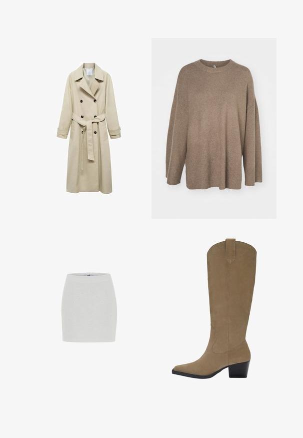 Beige Trenchcoat aus Baumwollmischung mit doppelter Knopfleiste, breiten Revers, tailliertem Gürtel und zwei seitlichen Taschen.; Brauner übergroßer Pullover mit geripptem Saum, weiten Ärmeln und Rundhalsausschnitt. Weiche Textur, minimalistisches Design ohne Muster.; Weißer Rock mit einem strukturierten Muster und floralem Ausschnitt, hoher Taillenschnitt und figurbetonter Silhouette. Sauberer und glatter Stofffinish.; Knöchelhohe, sandfarbene Wildlederstiefel mit spitzer Zehenform, gestapeltem Absatz und genähten Details an den Seiten. Glatte Textur und strukturierte Form.