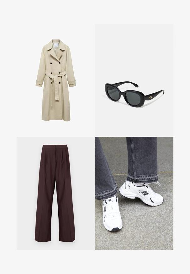 Beige trenchcoat van katoenmix, met een dubbele knoopsluiting, brede revers, een ceintuur in de taille en twee zijzakken.; Beige geribbelde coltrui met lange mouwen en een slimfit ontwerp, voorzien van een hoge kraag en een gestructureerd breipatroon.; Wijde broekspijpen in een donkere bordeauxrode stof. Kenmerkt zich door een platte tailleband en voorste plooien. Glad textuur met een op maat gemaakte uitstraling.; Witte New Balance sneakers hebben een bovenwerk van mesh en synthetisch materiaal met zwarte accenten. Draag ze met grijze jeans met rafels aan de onderkant op een gestructureerde ondergrond.; Zwarte zonnebril met ronde lenzen, glanzend plastic montuur en een gouden logo-accent op de pootjes. Donkere lenzen bieden UV-bescherming.; Zwarte leren schoudertas met een gebogen ontwerp, voorzien van een gouden sluiting en een reliëflogo aan de voorkant. Textuur oppervlak.; Gouden bangle met een gladde buitenkant en een gestructureerde binnenkant. Kenmerkt zich door een brede, ronde vorm met een open uitsparing aan één kant.
