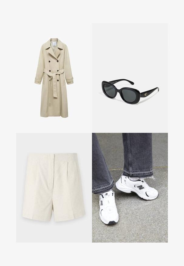 Beige trench coat made of cotton blend, featuring double-breasted button closure, wide lapels, belted waist, and two side pockets.; Beige ribbed turtleneck sweater with long sleeves and a fitted design, featuring a high collar and a textured knit pattern.; Linen shorts in beige with a textured finish, featuring a tailored design, pleats at the front, and a straight cut.; White New Balance sneakers feature a mesh and synthetic upper with black accents. Worn with frayed hem gray jeans on a textured surface.; Black sunglasses with rounded lenses, glossy plastic frame, and a gold logo accent on the temples. Dark lenses offer UV protection.; Black leather shoulder bag with a curved design, featuring a gold-tone hardware clasp and embossed logo on the front. Textured surface.; Gold-tone bangle with a smooth exterior and textured interior. Features a wide, rounded design with an open cut-out on one side.