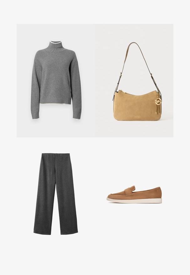 Palton bej din amestec de bumbac, cu închidere cu nasturi dubli, rever larg, talie cu curea și două buzunare laterale.; Pulover gri cu guler înalt, cu dungi, și mâneci lungi. Are un detaliu alb la guler și un tiv ușor scurtat. Textură moale.; Pantaloni largi dintr-un material gri închis cu o textură netedă. Au o talie medie și nu au închideri vizibile sau embellismente.; Pantof brown din suede, cu talpă plată, având un detaliu lat pe partea din față și un design neted, minimalist.; Geantă de umăr din suede bej cu formă curbată, accesorii din aur și închidere cu fermoar. Are un charms atașat cu inițialele "MK."