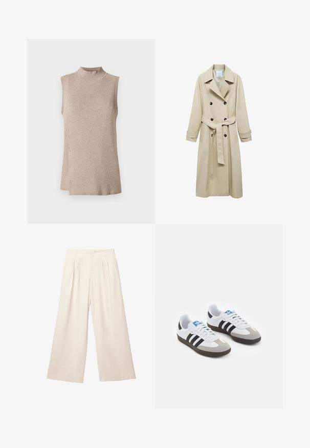 Beige trenssi takki, joka on valmistettu puuvillasekoitteesta, jossa on kaksirivinen napitus, leveät läpät, vyötärönauha ja kaksi sivutaskua.; Beige ilman hihoja oleva paita, jossa on korkea ribbikolla, siinä on teksturoitu neulekuvio ja epäsymmetrinen helma, joka sopii kerroksiksi.; Kapeita leveitä housuja vaaleanbeigessä värissä, pehmeästä ja teksturoidusta kankaasta. Edessä laskokset ja joustava vyötärö, joka tarjoaa rennon istuvuuden.; Urheilukengät, joissa on valkoinen nahkainen päällinen, harmaa mokkanokka ja kolme mustaa raitaa. Ominaisuuksina sininen logo kielekkeessä ja kuvioitu kumipohja.