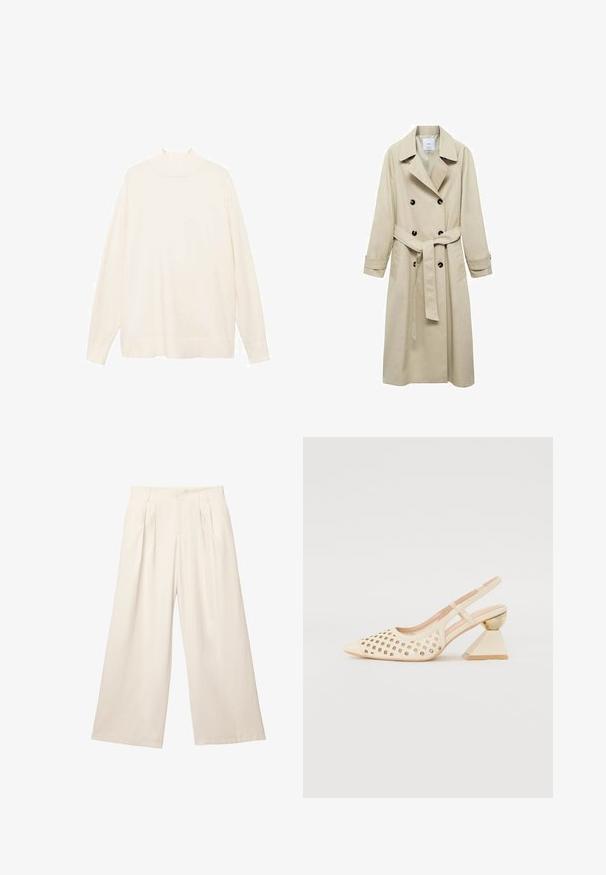 Trench coat beige realizzato in misto cotone, con chiusura a doppio petto con bottoni, ampi rever, vita con cintura e due tasche laterali.; Maglione a collo alto in crema, con maniche lunghe e vestibilità rilassata, dalla texture morbida e design minimalista. Presenta un collo alto e polsini a costine.; Pantaloni a gamba larga di un leggero colore beige con un tessuto morbido e texture. Presentano pieghe frontali e una vita elasticizzata per una vestibilità comoda.; Scarpa slingback beige con tomaia perforata, punta affilata e un tacco triangolare a contrasto con un accento dorato. Texture liscia nel complesso.