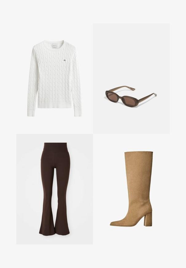 Manteau trench beige en mélange de coton, avec fermeture à boutons croisés, grands revers, taille ceinturée et deux poches latérales.; Pull blanc en maille torsadée avec un col rond, des poignets et un ourlet côtelés, comprenant un petit logo brodé sur la poitrine gauche.; Leggings évasés bruns en tissu doux et extensible, dotés d'une taille haute et d'une silhouette ajustée qui s'évasent au niveau de la cheville.; Botte en daim beige montant jusqu'au genou avec un talon carré, dotée d'un bout pointu et d'une texture lisse. Design minimaliste sans embellissements.; Lunettes de soleil ovales marron avec des verres foncés. La monture est en matériau transparent marron et comporte un logo imprimé sur les branches.; Sac fourre-tout tissé beige avec un design décontracté et une seule sangle pour l'épaule. Présente un motif texturé sur toute la surface.
