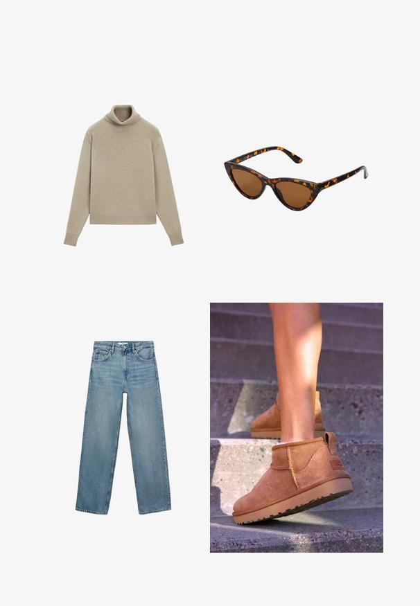 Beige trenchcoat van katoenmix, met een dubbele knoopsluiting, brede revers, een ceintuur in de taille en twee zijzakken.; Beige coltrui gemaakt van zacht materiaal, met een geribbelde kraag en boorden, comfortabele pasvorm en lange mouwen. Gladde textuur, minimalistisch ontwerp.; Lichtblauwe spijkerbroek met een rechte pijp, hoge taille, vijf zakken en contrasterende stiksels. Geen versieringen of patronen aanwezig.; Tamme suède enkelboots met een zachte textuur, gestikte details en een rubberen zool, met een lusvormige hak voor gemakkelijk aan- en uittrekken.; Cat-eye zonnebril met een zwart en oranje schildpadframe, bruine lenzen en slanke, puntige uiteinden. Bevat een minimalistisch logo op de poot.