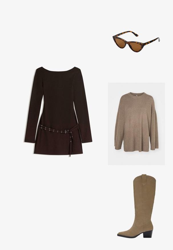 Trench coat beige realizzato in misto cotone, con chiusura a doppio petto con bottoni, ampi rever, vita con cintura e due tasche laterali.; Maglione marrone oversize con orlo a coste, maniche ampie e collo rotondo. Texture morbida, design minimalista senza motivi.; Blusa a maniche lunghe color crema con orlo peplum, motivo floreale testurizzato e dettaglio con fiocco al collo. Polsini a campana con fiocchi.; Abito nero a maniche lunghe con scollatura ampia, caratterizzato da una vita cinturata con occhielli in metallo e una texture di tessuto liscia.; Stivali in suede color cammello al ginocchio con punta a punta, tacco impilato e dettaglio di cuciture lungo i lati. Texture liscia e design strutturato.; Occhiali da sole cat-eye con una montatura tartarugata nera e arancione, lenti marroni e punte affusolate e eleganti. Presentano un logo minimale sulla asta.; La borsa a tracolla dorata presenta un tessuto testurizzato con borchie metalliche rotonde, una placca con logo triangolare e una tracolla a catena con occhielli metallici rotondi.